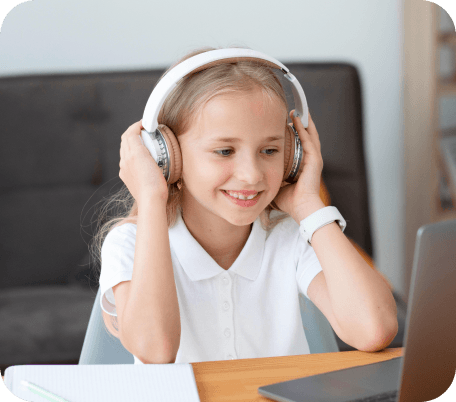 Girl participating in online math class